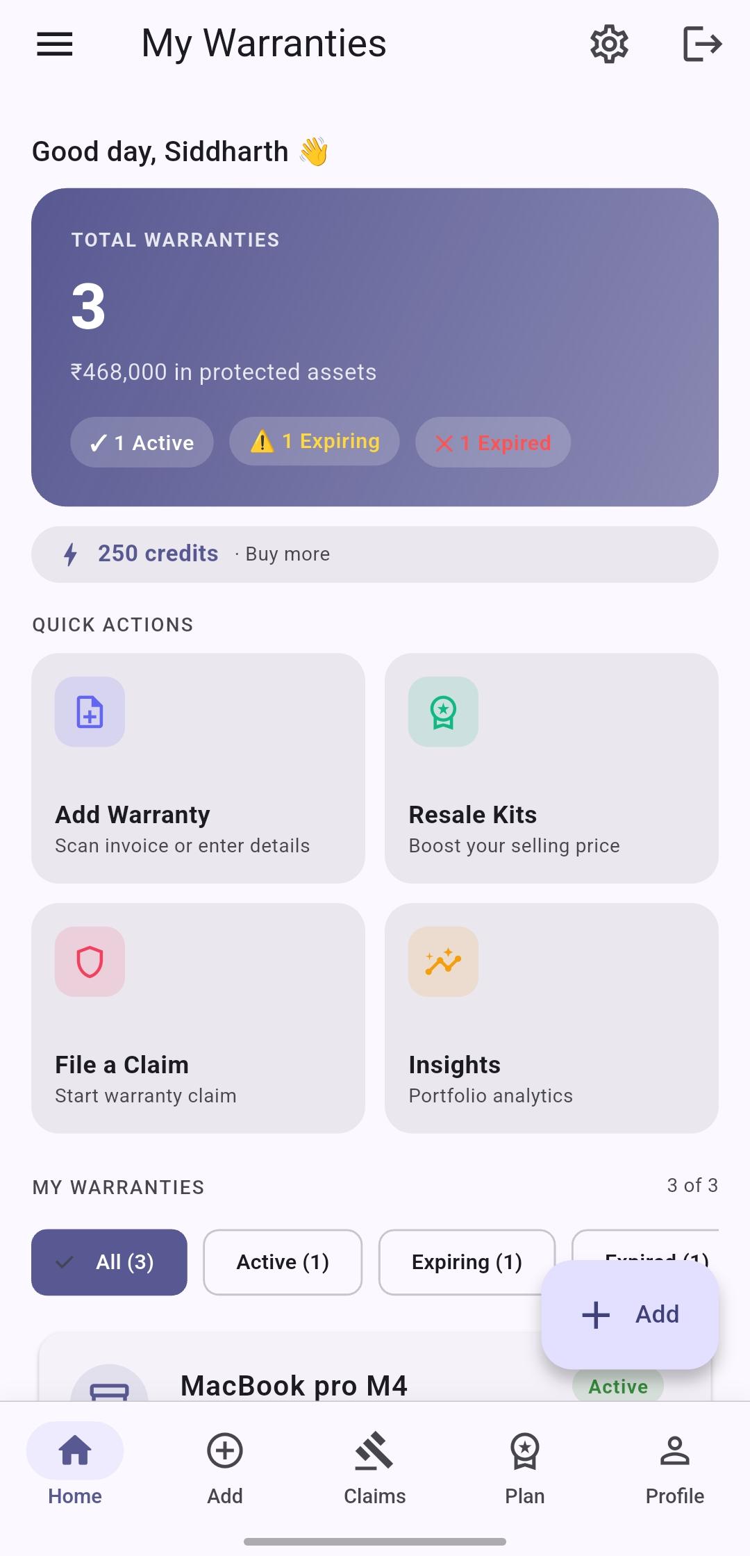 Warranty dashboard